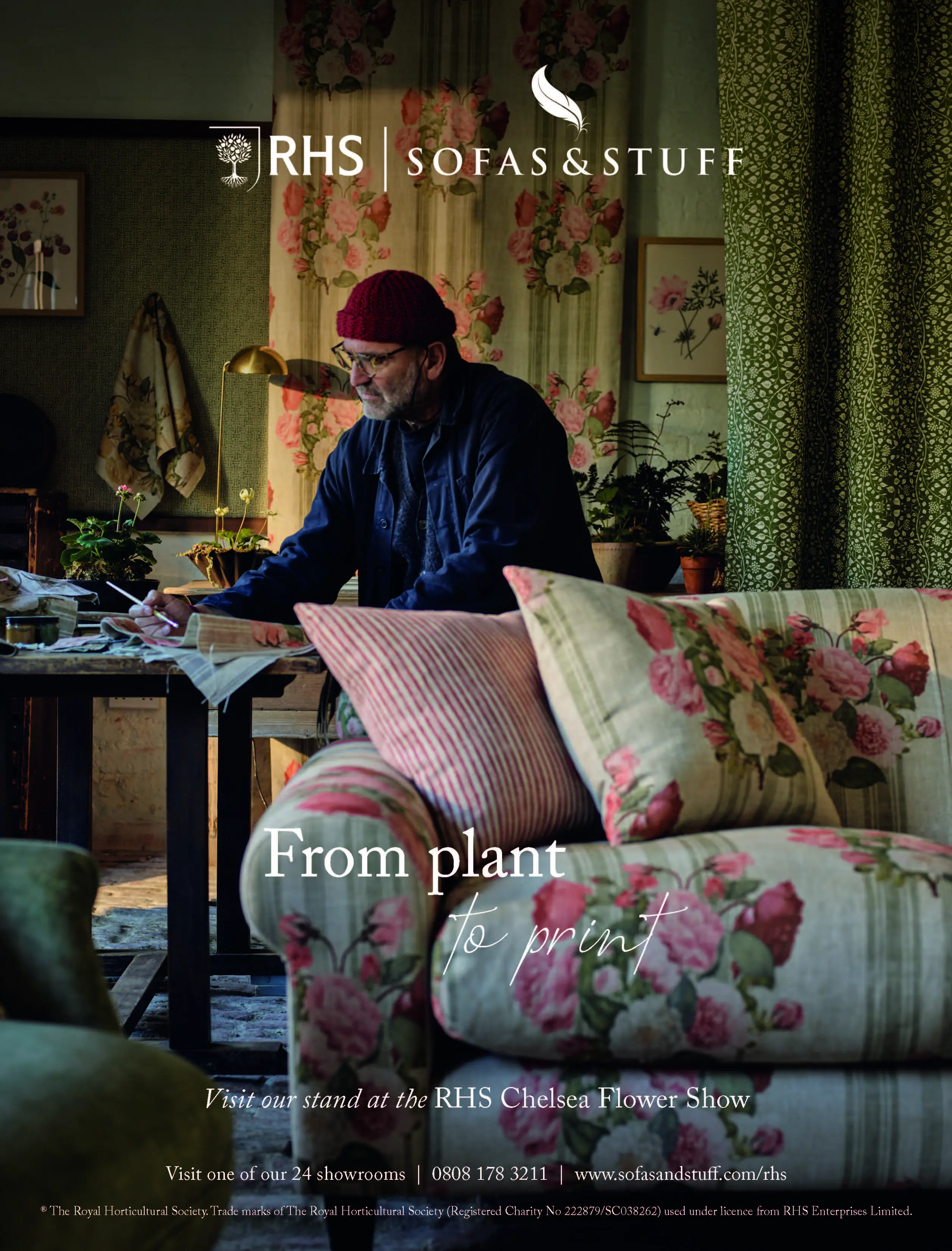 Founder Andrew Cussins sits at a worktable sketching textile designs, surrounded by floral fabrics and upholstered furniture from the RHS Sofas & Stuff collection. Text reads: From plant to print, and advertises the RHS Chelsea Flower Show.